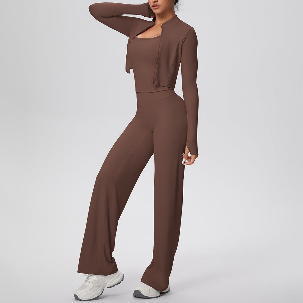 pure color brushed tight tank top wide-leg long three-piece set sports running fitness yoga suit