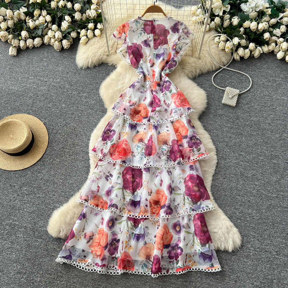 French retro print sleeveless cake dress - women's summer high-waisted ruffle hem a-line maxi dress - vacation style
