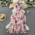 French retro print sleeveless cake dress - women's summer high-waisted ruffle hem a-line maxi dress - vacation style