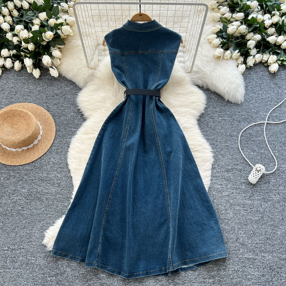 K-styleclassy lapel sleeveless single-breasted waist denim dress women's summerslimming lookelegantcasual long skirt