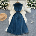 K-styleclassy lapel sleeveless single-breasted waist denim dress women's summerslimming lookelegantcasual long skirt