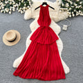 Pure desire style red halter strap pleated dress women's summer k-style waist slimming look cake skirt vacation style long skirt