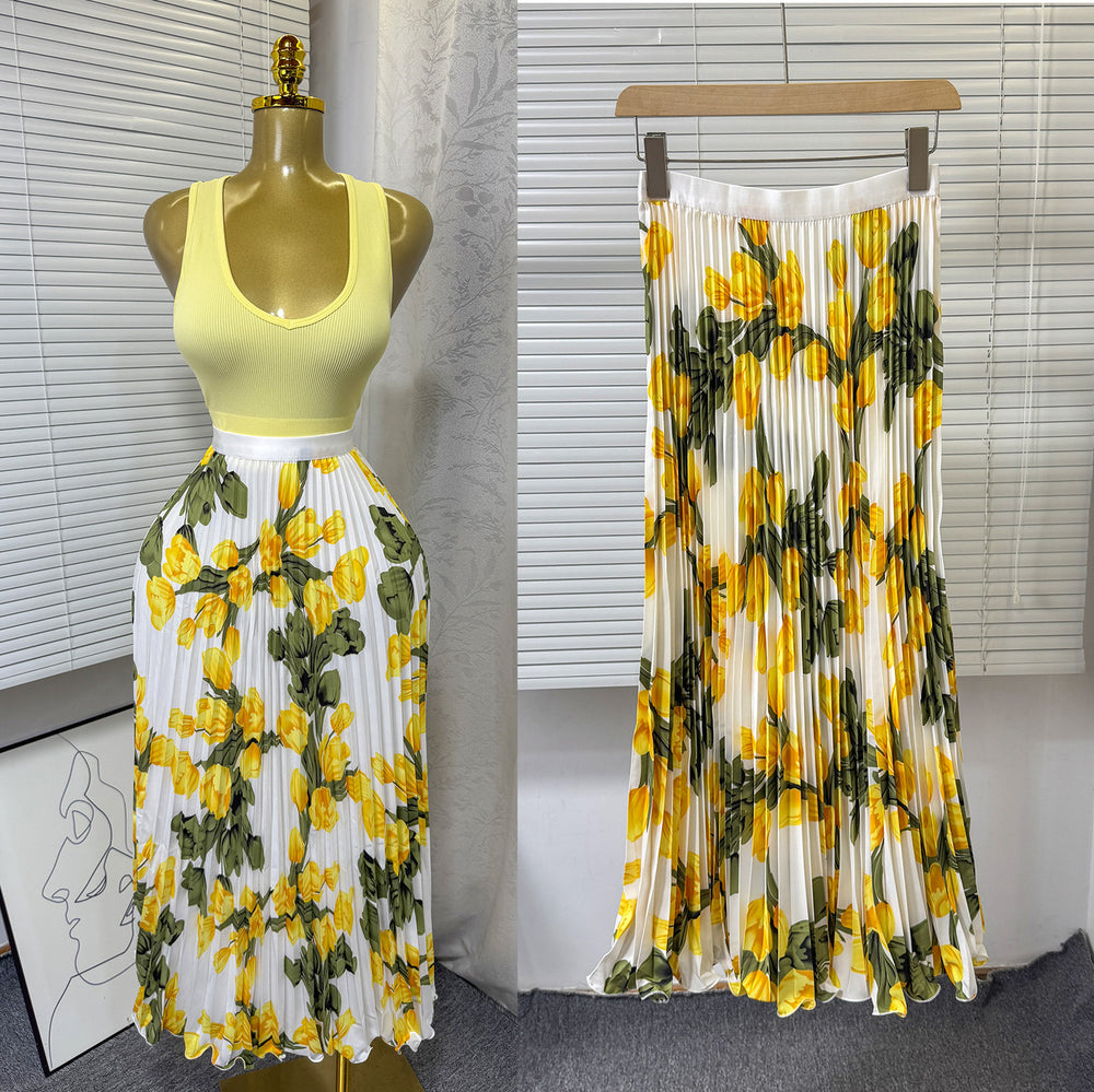 export 2026 summer new arrival: printed pleated a-line midi skirt with elastic waist and flared ruffle hem
