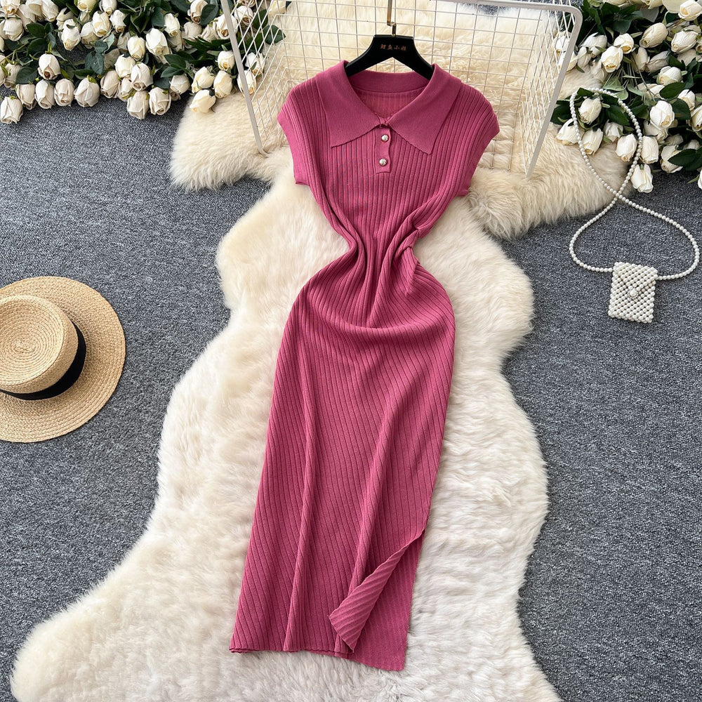 new arrivalniche styleretrok-stylefashionpolo collar short sleeve waist slimming lookelegant slit knittingdress