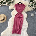 new arrivalniche styleretrok-stylefashionpolo collar short sleeve waist slimming lookelegant slit knittingdress