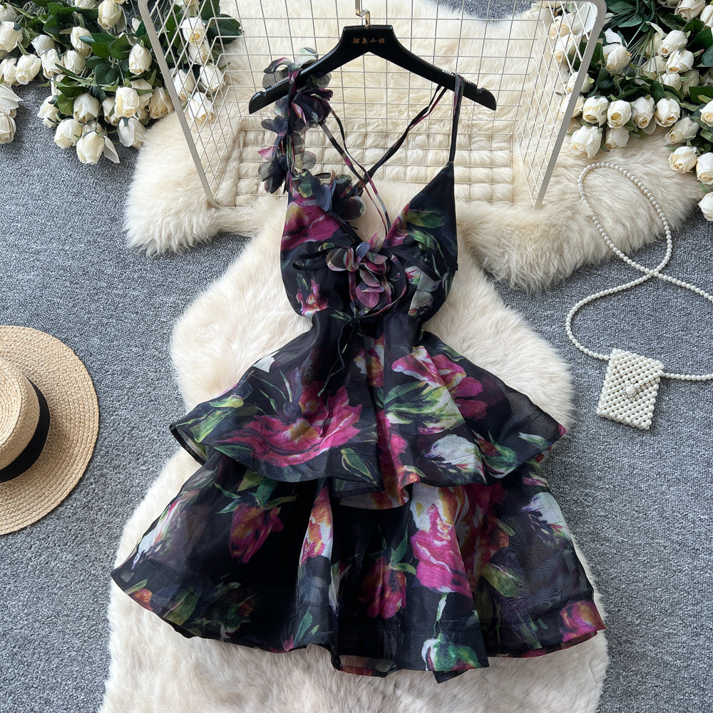 Romantic vacation style v-neck floral print dress - women's summer backless tie-up a-line dress - sexy, elegant, and slimming