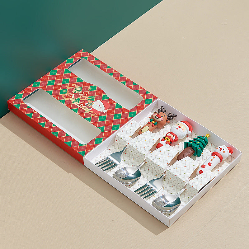 christmas spoon set - cartoon 304 stainless steel santa & reindeer spoons & forks - multi-piece gift box set