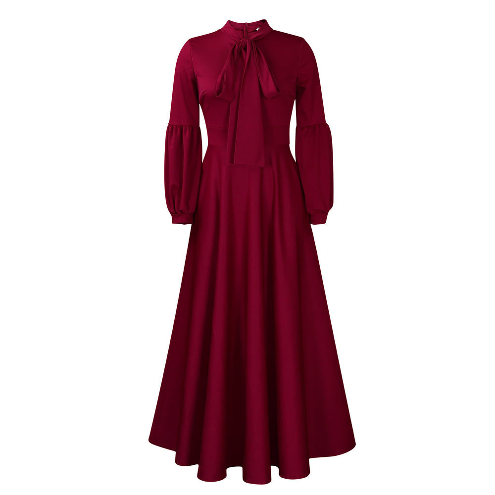 C8568  new autumn/winter solid color plus size tie-waist puff sleeve high-waisted maxi skirt african dress