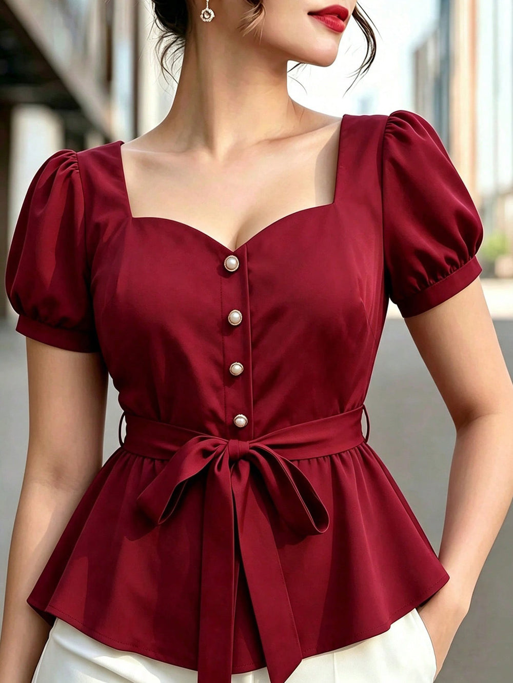 Simple square neck heart-shaped collar solid color blouse with puff sleeves and belted waist – slimming and elegant women's apparel, 1688 source