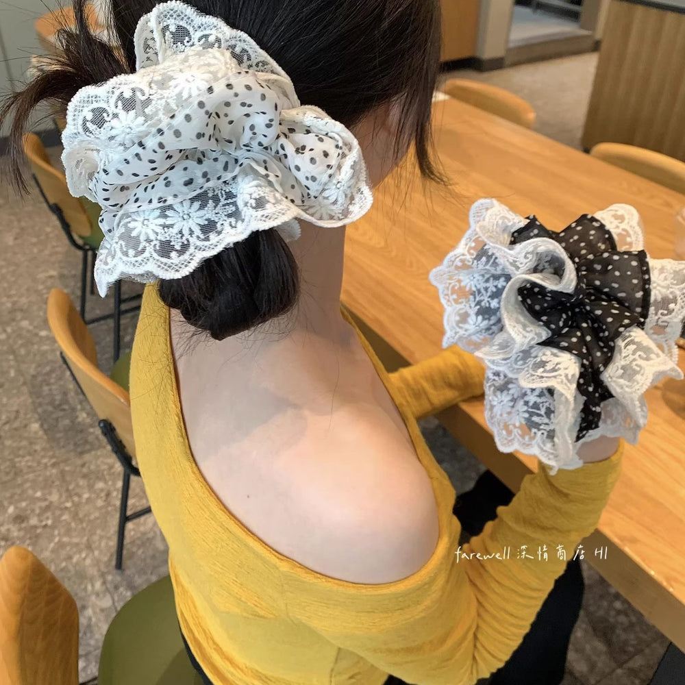 Korean sweet double-layer embroidered white lace hair tie - elegant, gentle, and versatile scrunchie for everyday wear