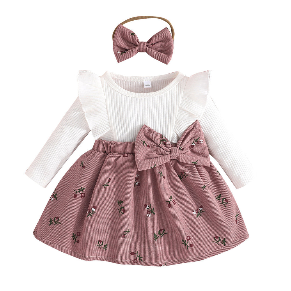 baby girl printed flutter sleeve ruffle trim bow 2-in-1 dress with headband - new autumn dress