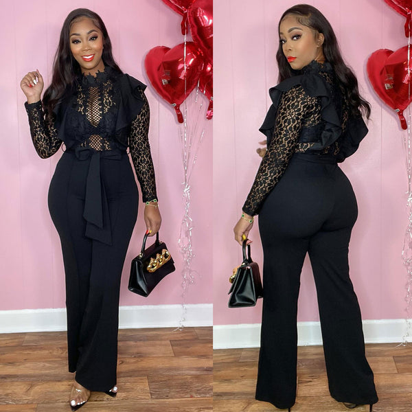 S10682 European and American sexy perspective lace splicing elastic hip-wrapped wide-leg jumpsuit