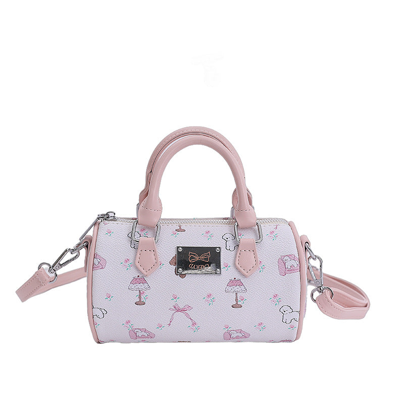 Cross-border high-end portable cylinder small bag women's 2025 new retro printed Boston bag shoulder bag oblique span