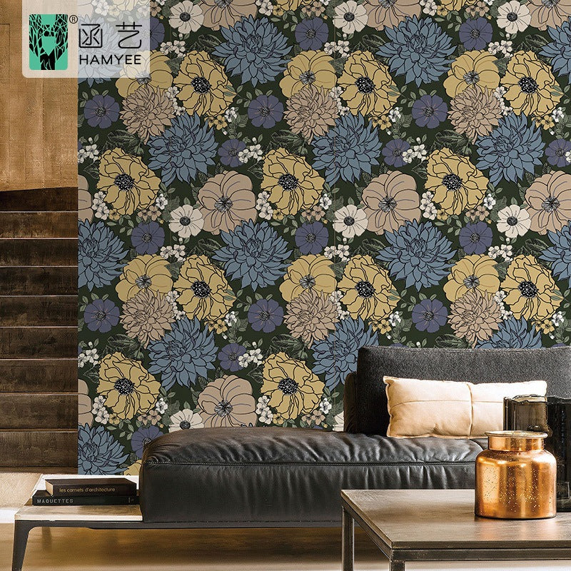 Cross-border sketch flower wallpaper thickened waterproof PVC wallpaper self-adhesive background wall decoration personalized wall sticker cloth with glue
