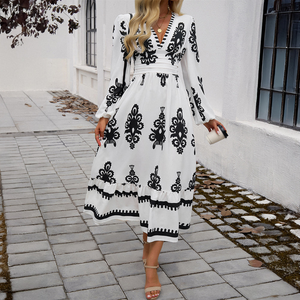 cross-border autumn/winter  fashion women's dress - elegant printed v-neck a-line dress for export to europe and the us