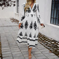 cross-border autumn/winter  fashion women's dress - elegant printed v-neck a-line dress for export to europe and the us