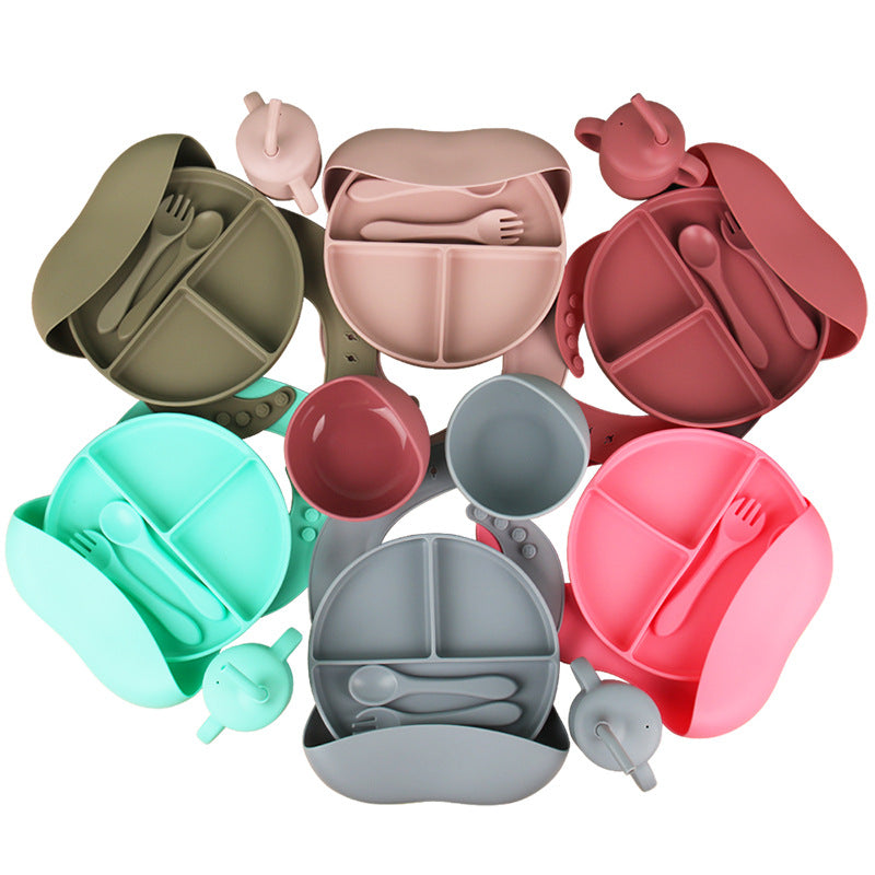 Children's tableware feeding set Baby silicone bowl Fork spoon Baby food supplement bowl Plate Food grade silicone plate