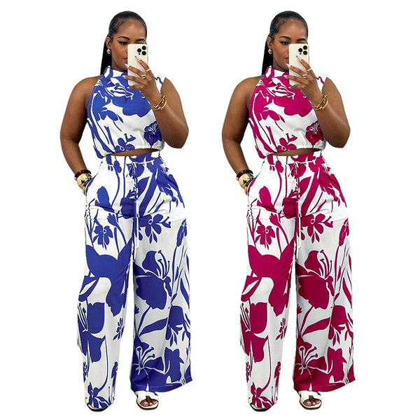 K10743 Cross-border exclusive   popular European and American fashion women's clothing sleeveless pocket printed pants set