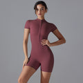 New european and american summer zip-up short sleeve shorts yoga jumpsuit women's dance fitness bodysuit