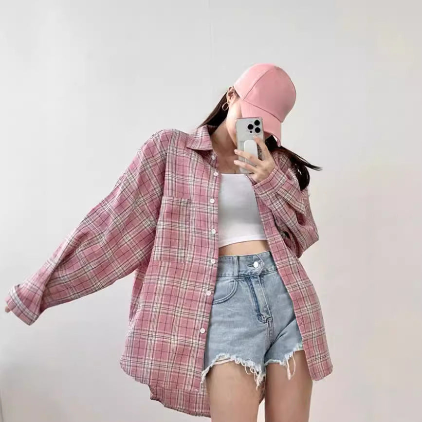 European and american cross-border  spring versatile commute collared long-sleeve loose fit designer plaid pocket women's blouse