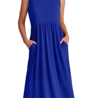 Spot 2024 new women's clothing   explosion temperament round neck pleated solid color pendulum dress