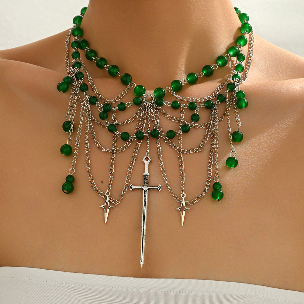 Stacked tassel necklace wholesale european and american cross-border retro gothic style accessories green beaded multi-layer choker necklace