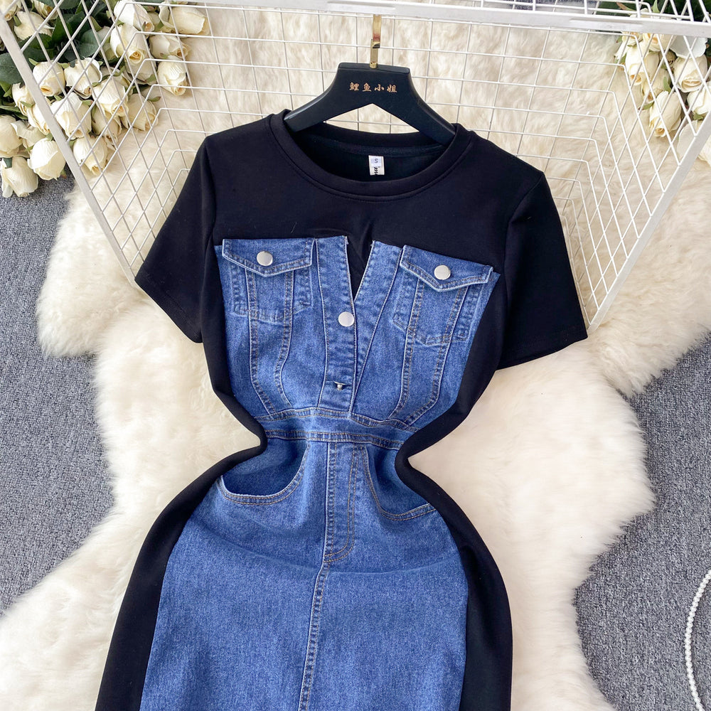 new trendy round neck short sleeve patchwork denim dress - women's high-end slim fit faux two-piece maxi dress