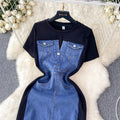 new trendy round neck short sleeve patchwork denim dress - women's high-end slim fit faux two-piece maxi dress