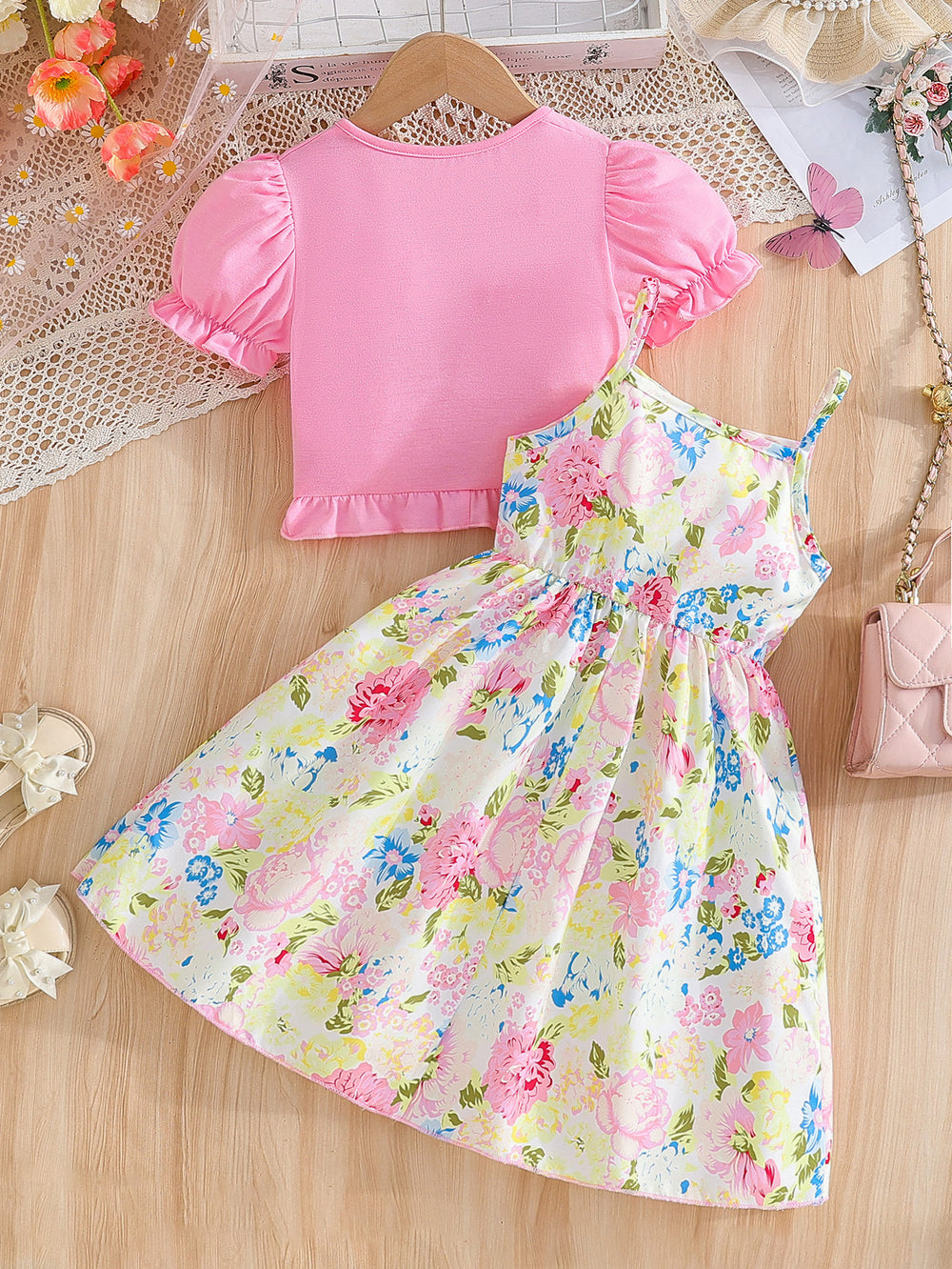 Summer girls' camisole dress with pink lantern sleeve cardigan - oil painting style print skirt - kids' dress set