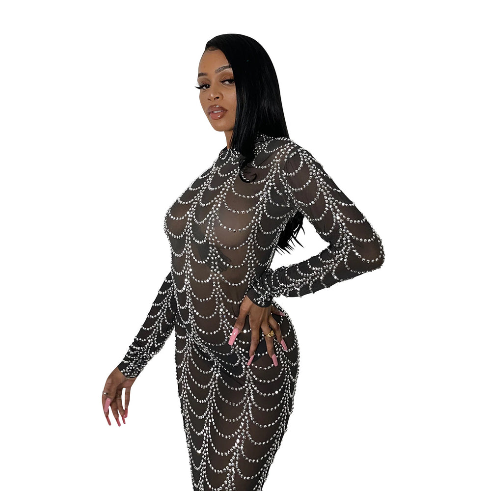 X5351   fashion new sexy nightclub rhinestone mesh see-through long sleeve dress