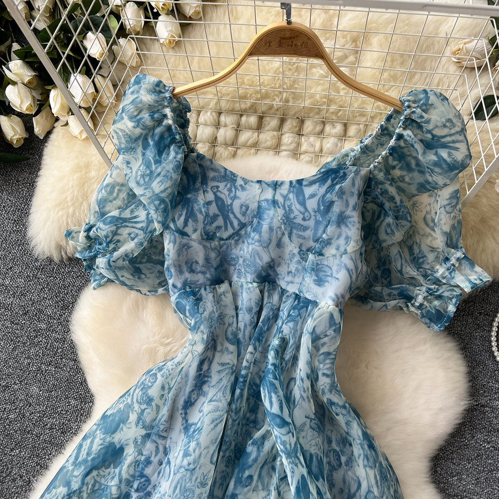 Organza square neck puff sleeve dress women's french elegant fairy waist ruffles puffy vacation long skirt