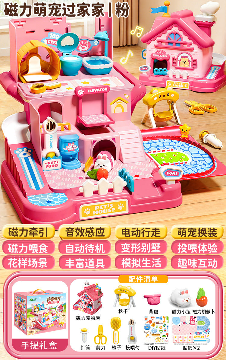 3-6 year old girls' toys, pretend play magnetic pet house, little rabbit & cat dolls, birthday gift for girls