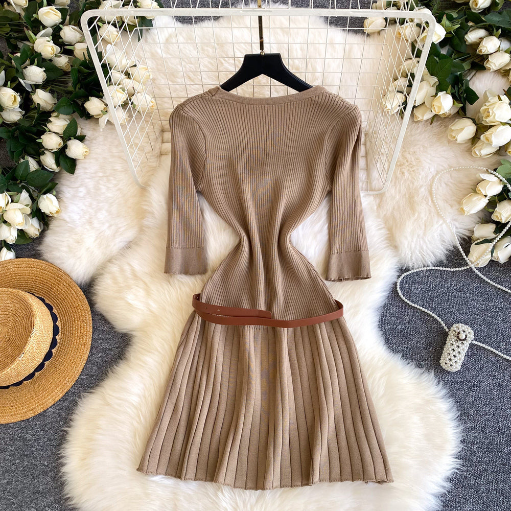 Vintage-inspired commute style v-neck knit dress - women's summer short sleeve pleated a-line dress with belt, designed to flatter and slim the waist