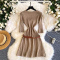 Vintage-inspired commute style v-neck knit dress - women's summer short sleeve pleated a-line dress with belt, designed to flatter and slim the waist