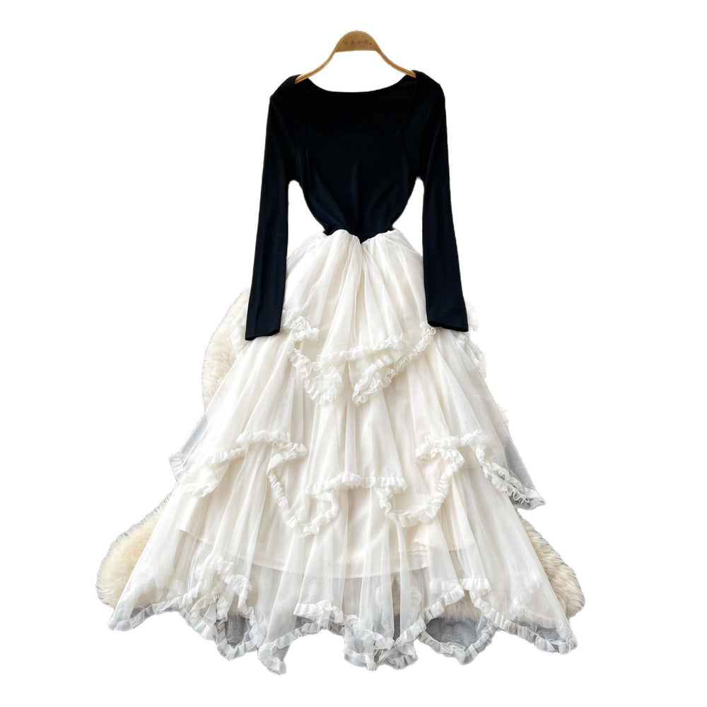 Frenchfake two-piece mesh patchworkdress women's autumn wear slimming look cake skirt rufflespatchwork long skirt elegance style