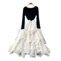Frenchfake two-piece mesh patchworkdress women's autumn wear slimming look cake skirt rufflespatchwork long skirt elegance style