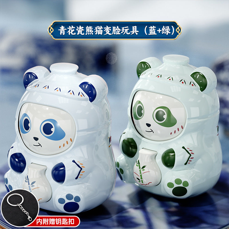 Face-changing panda chinese style blue and white porcelain doll hand pendant keychain gift toy national trend trendy cartoon