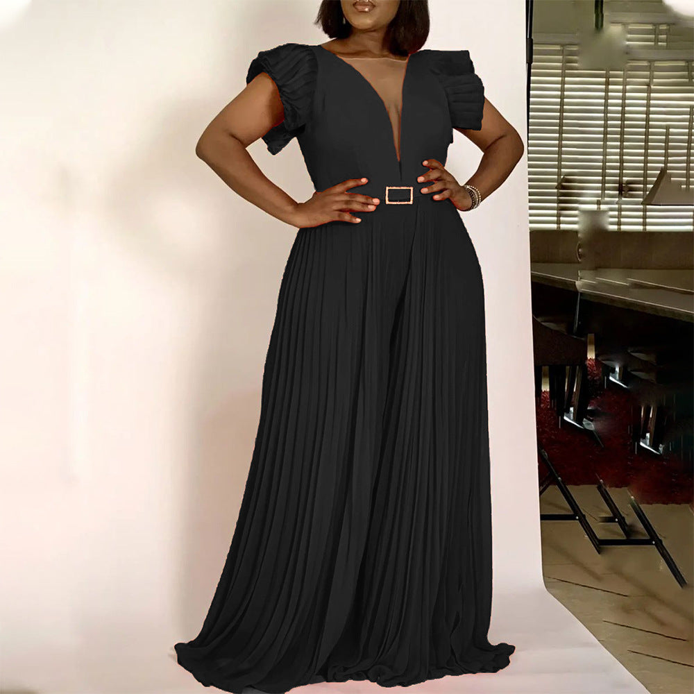 Amazon european and american women's summer new fashion patchwork sexy pleated high waist loose wide leg pants foreign trade jumpsuit
