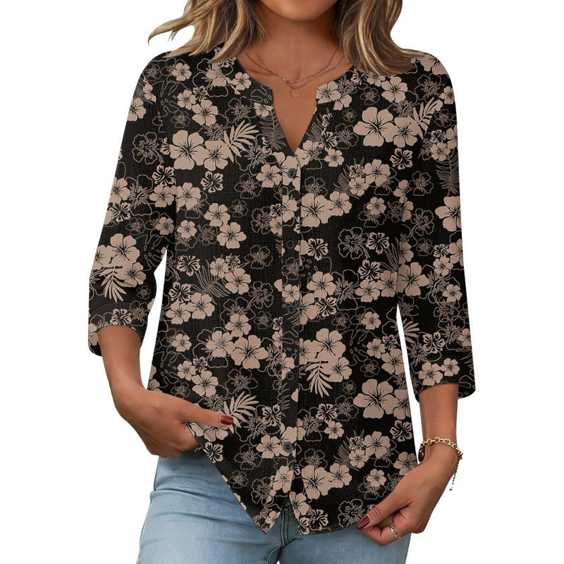 Amazon european goods  summer button-down shirt, three-quarter sleeve v-neck blouse, fashionable casual loose top