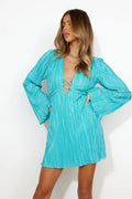 european and american  pleated flared long sleeve sexy slit tie-up midi dress