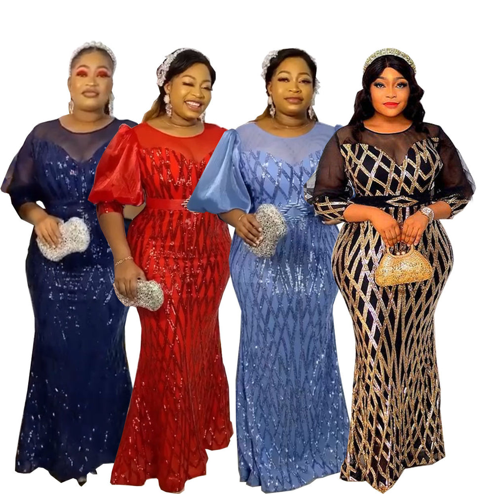 European, american, and african fashion women's sequin mesh evening gown - slim fit, floor-length maxi dress - cross-border exclusive