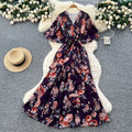 French chic high-end women's summer dress - elegant, figure-flattering, asymmetrical ruffle hem, floral chiffon maxi dress