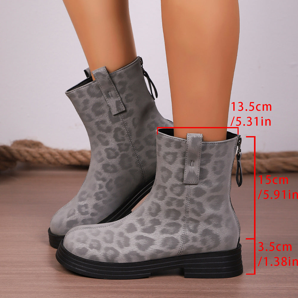 autum leopard print british styleplus size back zipper short boots thick sole round toe retroexportboots women's wholesale
