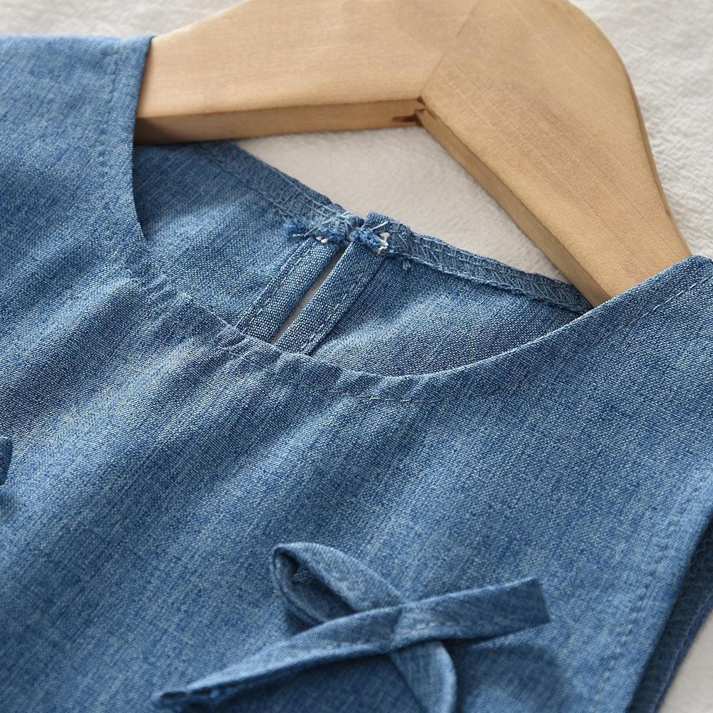 summer new girls' denim-style outfit: bowknot patchwork tank top and pants two-piece set - european & american style, cross-border fashion