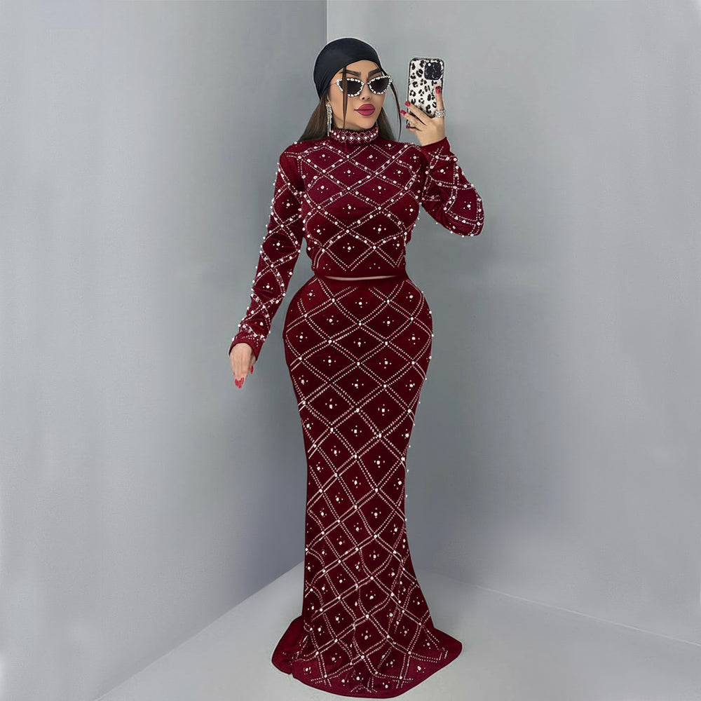 C7618 cross-border   fashion women's elegance hot diamond bubble beads tops long skirt two-piece set
