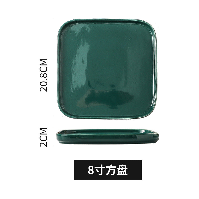 Nordic style creative green glaze ceramic steak plate - glossy green square/round plate - hotel-grade solid color salad plate