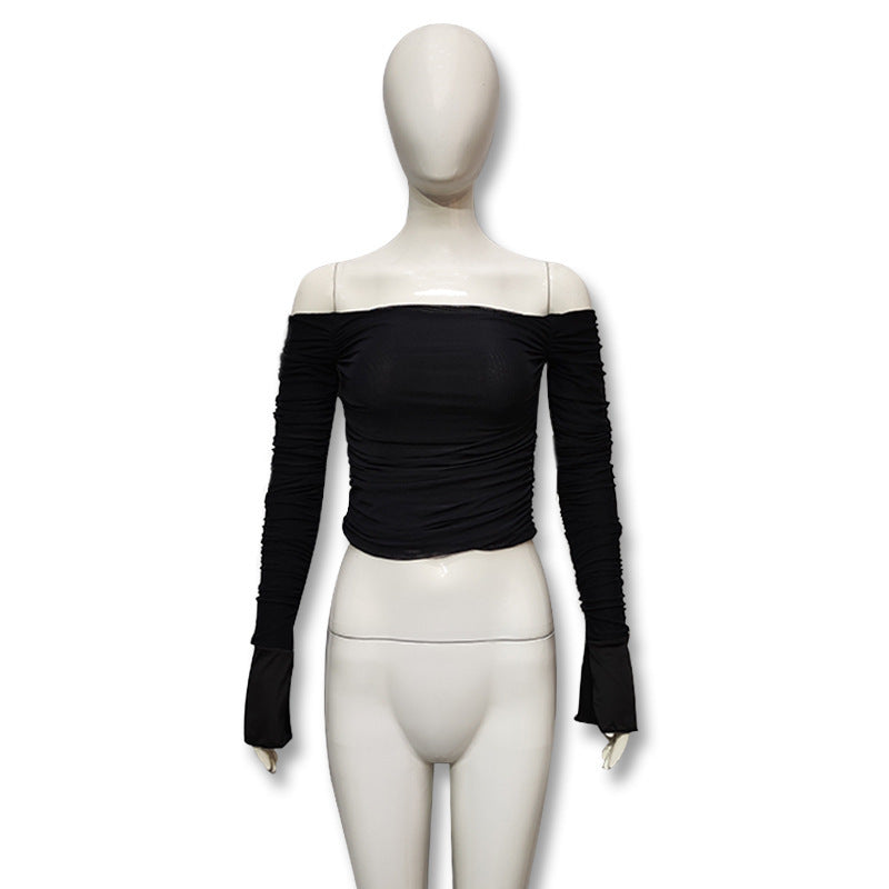 Export fashion new arrivalsexy double-layer mesh tops sweet one-shoulder pleated bell long sleeves t-shirt for women