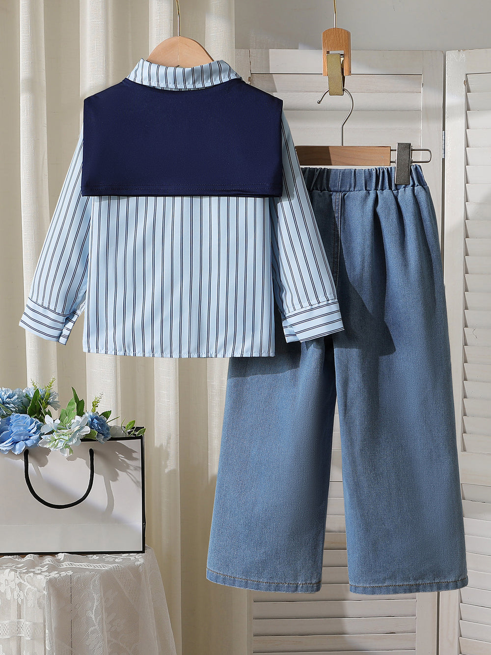 new autumn cross-border girls' collared shirt with color block shawl + embroidered bow denim jeans three-piece set