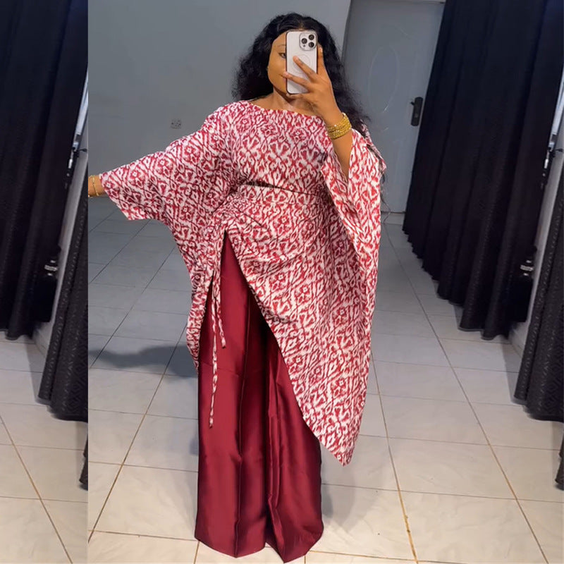 European and american style women's clothing  autumn new collection: sweet and fresh printed round neck batwing sleeve blouse and high-waisted straight-leg pants two-piece set