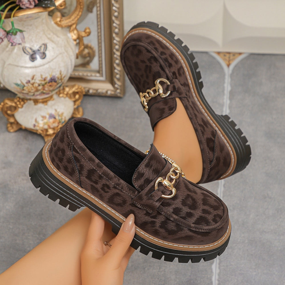 Wholesale women's plus size leopard print loafers: new  spring/autumn retro metal buckle chunky sole